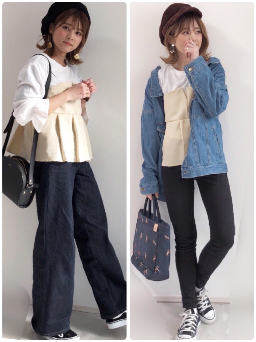 「デニムジャケット、オーバーサイズ、ビスチェ、ワイドパンツ、UNIQLO、ユニクロ、ベレー帽、キャスケット、converse、スニーカーコーデ」｜「ShesonのSheson（シーズン）バックレースアップ ルーズデニムジャケット（デニムジャケット、ブルー系）」を使った、yunさん（レディース・153cm）の冬コーディネートの1枚目の写真