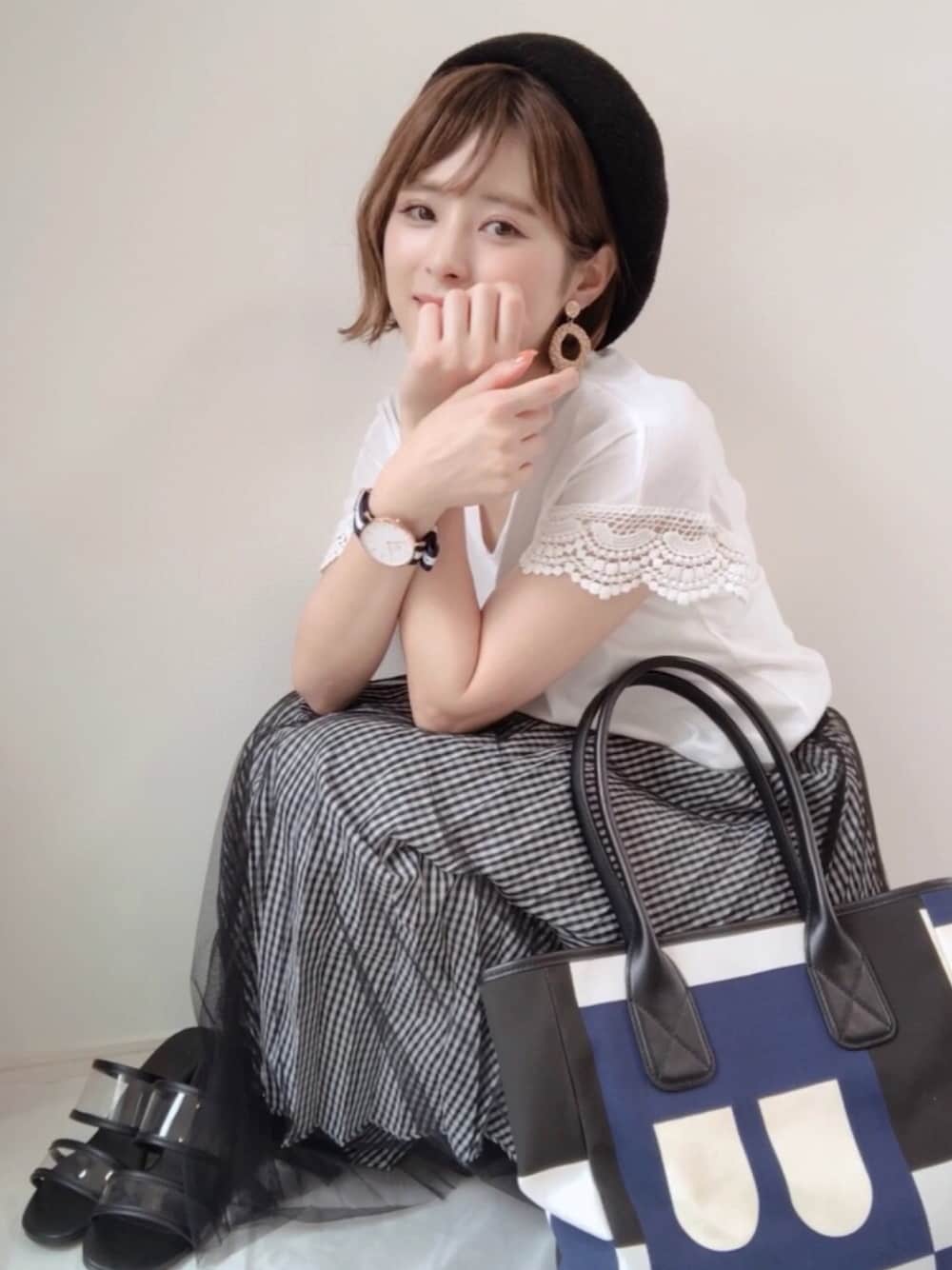 「チュールスカート、ギンガムチェック、GRL、ベレー帽、サンダル、白Tシャツ、プチプラコーデ、大人ガーリー、シンプル、Bally」｜「SENSE OF PLACE by URBAN RESEARCHのギンガムチェックリバーシブルスカート（スカート、その他）」を使った、yunさん（レディース・153cm）の夏コーディネートの1枚目の写真