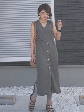 「DHOLIC（ディーホリック）のストラップSETボタンスリットワンピース（ワンピース）」を使った、yunさん（レディース・153cm）の夏コーディネート