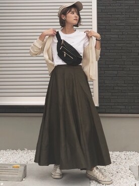 yunさんの「スエードフレアロングスカート/タフタスカート」を使ったコーディネート