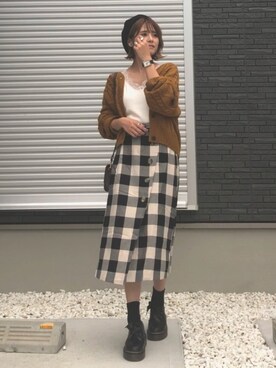 「ケーブルカーディガン」｜「アイテム（ハンチング/ベレー帽）」を使った、yunさん（レディース・153cm）の秋コーディネート