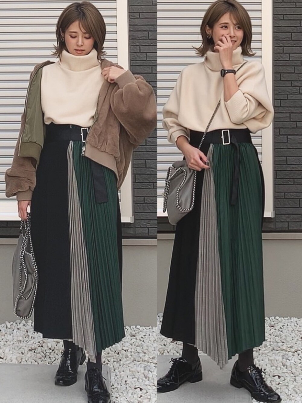 「大人カジュアル、秋コーデ、エレンディーク、ELENDEEK、プリーツスカート、titivate、タートルネック、ニット、ボアジャケット、リバーシブル」｜「ELENDEEKのグレンチェックスイッチプリーツスカート（スカート、ブラック系）」を使った、yunさん（レディース・153cm）の秋コーディネートの1枚目の写真