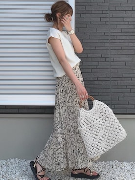 「Chaco closet（チャコ クローゼット）のワッフルフレンチスリーブ半袖T（Tシャツ/カットソー）」を使った、yunさん（レディース・153cm）の夏コーディネート