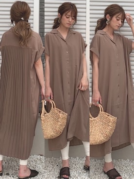 「レギンス」｜「アイテム（シャツワンピース、ベージュ系）」を使った、yunさん（レディース・153cm）の夏コーディネート