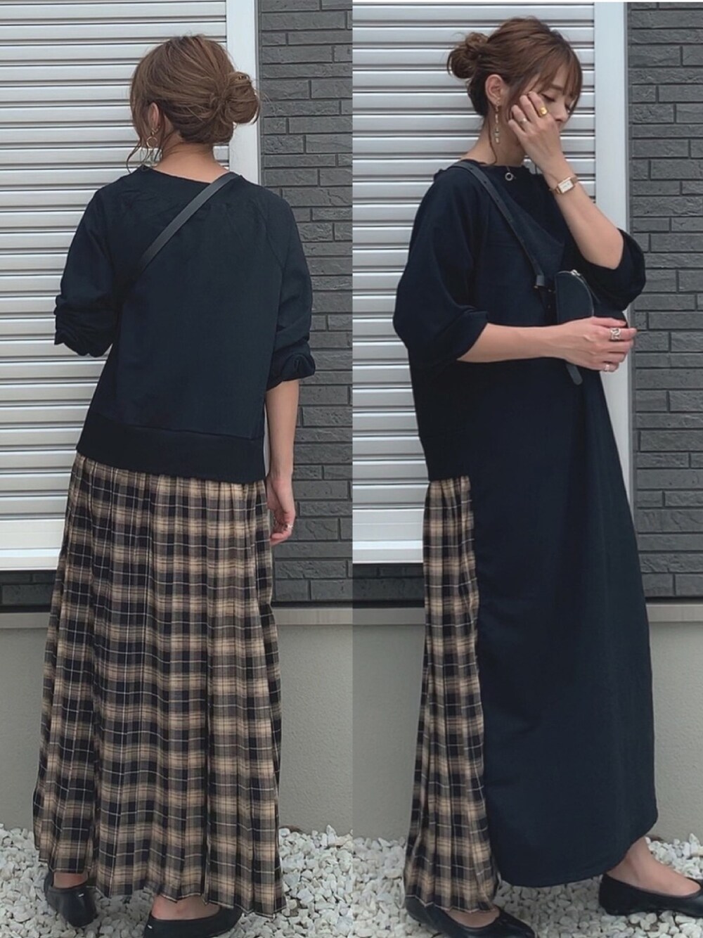 「秋のカフェオレコーデ、マルジェラ、MARGIELA、ワンピース、オトナカジュアル、秋、オーバーサイズ、チェック、ママファッション、GRL」｜「socollaの【socolla】バックプリーツワンピース（ワンピース、ブラック系）」を使った、yunさん（レディース・153cm）の秋コーディネートの1枚目の写真