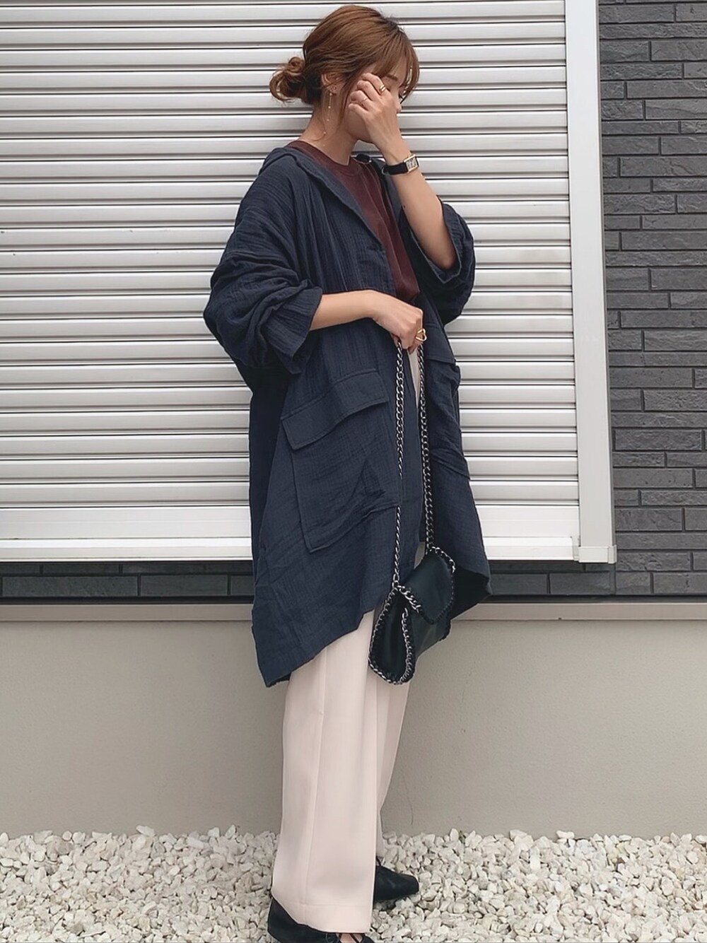 「シンプルコーデ、GRL、カジュアルコーデ、秋色、おしゃれさんと繋がりたい、オトナ女子、プチプラコーデ、ハッピージョン、happyjohn」｜「Happy Johnのキャンディスリーブガーゼシャツ（シャツ/ブラウス、ブルー系）」を使った、yunさん（レディース・153cm）の秋コーディネートの1枚目の写真