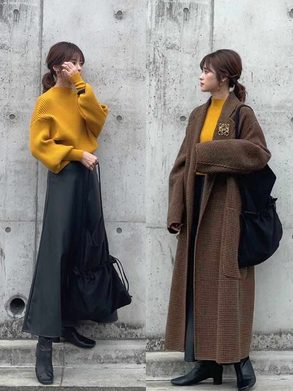 「シンプルコーデ、休日スタイル、バルーンスリーブ、マスタード、ドゥーザムール、冬コーデ、大人女子、GRL、フェイクレザー、ショートブーツ」｜「TODAYFULのオーバーチェックコート（チェスターコート、ブラウン系）」を使った、yunさん（レディース・153cm）の秋コーディネートの1枚目の写真