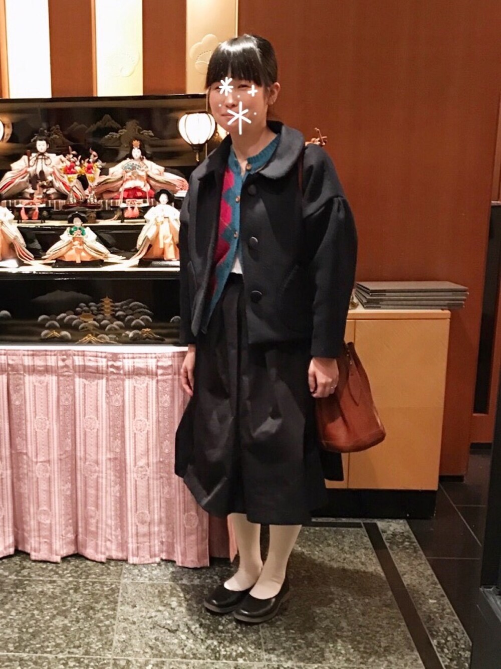 「きちんとカジュアル、お食事会、アーガイル、白タイツ」｜「手づくりのアイテム（その他アウター、ブルー系）」を使った、やぷさん（レディース・155cm）の冬コーディネートの1枚目の写真