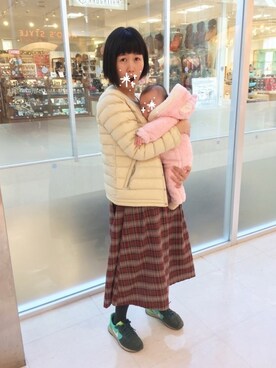 「チェックワンピース」｜「アイテム（ダウンジャケット/コート）」を使った、やぷさん（レディース・155cm）の秋コーディネート