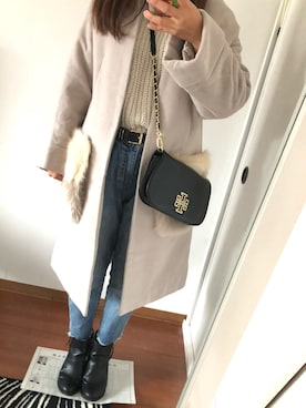「トリーバーチ」｜「アイテム（ノーカラージャケット）」を使った、りょうさん（レディース・158cm）の冬コーディネート