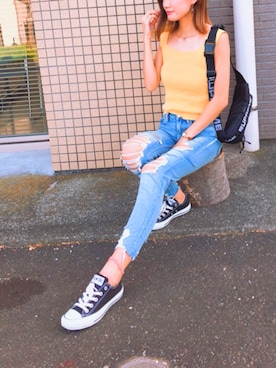 「Auntie Rosa（アンティローザ）の【Auntie Rosa】スクエアニットタンク（タンクトップ、イエロー系）」を使った、kananiiinaさん（レディース・162cm）の秋コーディネート