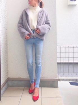 「AZUL by moussy（アズールバイマウジー）のカラーリブニットプルオーバー（ニット/セーター、ホワイト系）」を使った、kananiiinaさん（レディース・162cm）の冬コーディネート