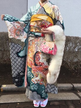 「アイテム（浴衣、グリーン系）」を使った、Sさん（レディース・163cm）の冬コーディネート