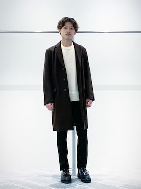 「FACTOTUM（ファクトタム）のアイテム（チェスターコート）」を使った、Ryo Kikuchiさん（メンズ・173cm）の冬コーディネート