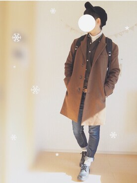 「アイテム（チェスターコート、ブラウン系）」を使った、ぺいさん（メンズ・168cm）の冬コーディネート