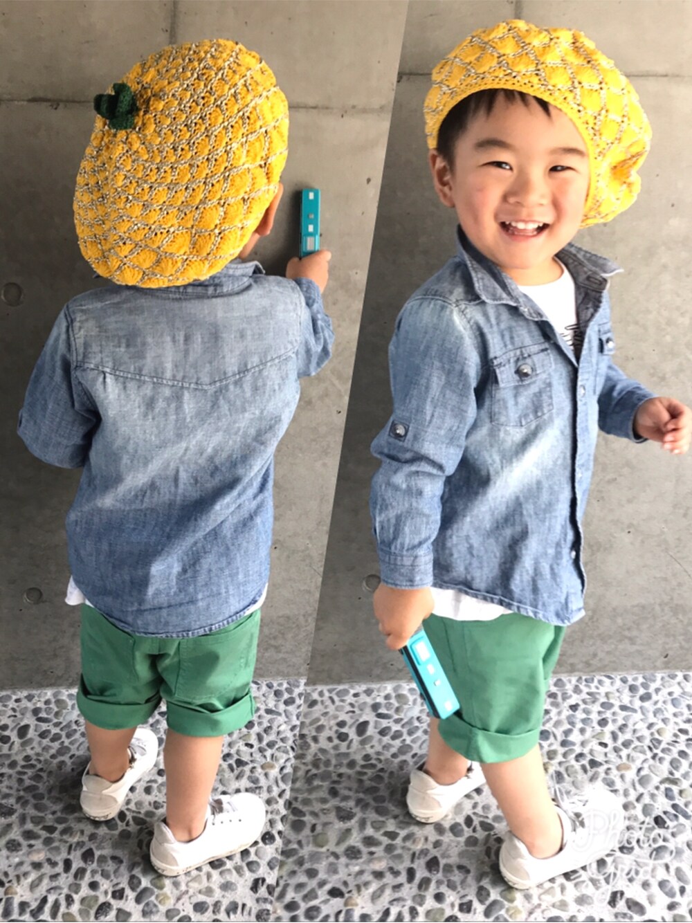「summer、パイナップル、pineapple、yellow、ベレー帽、2歳、息子、kids、86cm、デニムシャツ」｜「ZARAのアイテム（スニーカー、ホワイト系）」を使った、A.Y.Hさん（キッズ・74cm）の夏コーディネートの1枚目の写真