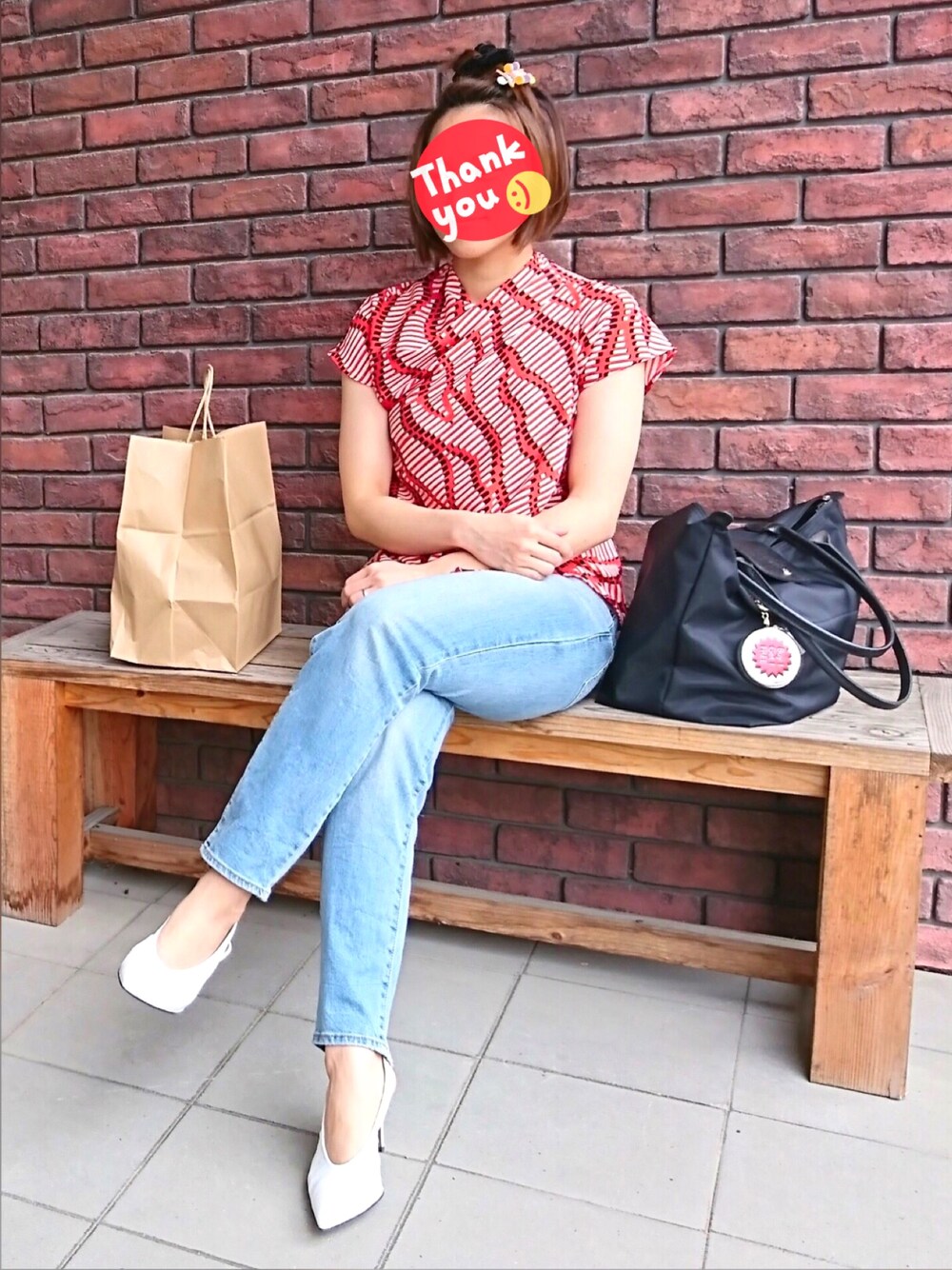 「summer、red、denim、jeans、white、Vcut、pumps、ママ、バレッタ、heels」｜「TOPSHOPのアイテム（パンプス、ホワイト系）」を使った、A.Y.Hさん（キッズ・74cm）の夏コーディネートの1枚目の写真