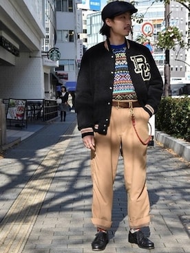 「JOURNAL STANDARD（ジャーナルスタンダード）のアイテム（スタジャン）」を使った、せっきゃんさん（メンズ・175cm）の冬コーディネート