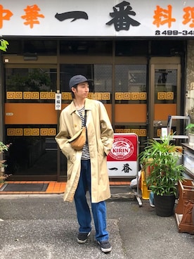 「BLACK COMME des GARÇONS」｜「アイテム（ステンカラーコート）」を使った、Hayato Sakamotoさん（メンズ・177cm）の冬コーディネート