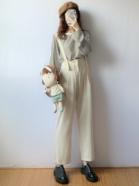 「日系极简」｜「アイテム（サロペット/オーバーオール）」を使った、蔡小猫さん（レディース・158cm）の夏コーディネート