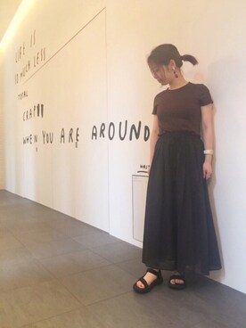 「UNIQLO（ユニクロ）のスーピマコットンリブクルーネックT（半袖）（Tシャツ/カットソー）」を使った、pixyon*さん（レディース・153cm）の夏コーディネート