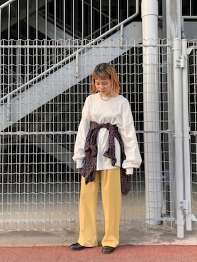 「CIAOPANIC（チャオパニック）の【WEB限定】センタープレスタックパンツ（その他パンツ）」を使った、つなしまあゆみさん（レディース・153cm）の秋コーディネート