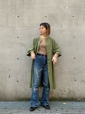 「シアートップス」｜「アイテム（ノーカラーコート）」を使った、つなしまあゆみさん（レディース・153cm）の冬コーディネート