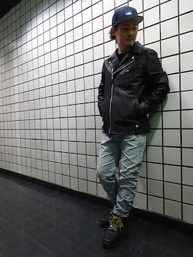 「APPLEBUM」｜「アイテム（ライダースジャケット）」を使った、ブラックストアさん（メンズ・162cm）の冬コーディネート
