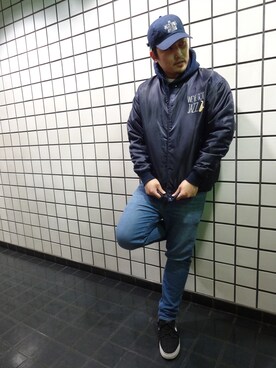 「APPLEBUM」｜「アイテム（スタジャン）」を使った、ブラックストアさん（メンズ・180cm）の冬コーディネート