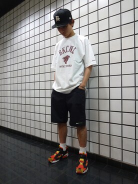 「Back Channel（バックチャンネル）のアイテム（キャップ）」を使った、ブラックストアさん（メンズ・177cm）の夏コーディネート
