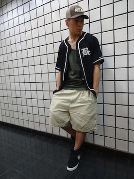 「Back Channel（バックチャンネル）のアイテム（キャップ）」を使った、ブラックストアさん（メンズ・165cm）の夏コーディネート
