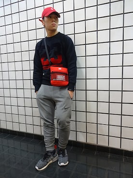 「アイテム（ポーチ、レッド系）」を使った、ブラックストアさん（メンズ・165cm）の秋コーディネート