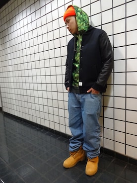 「APPLEBUM」｜「アイテム（スタジャン）」を使った、ブラックストアさん（メンズ・174cm）の冬コーディネート