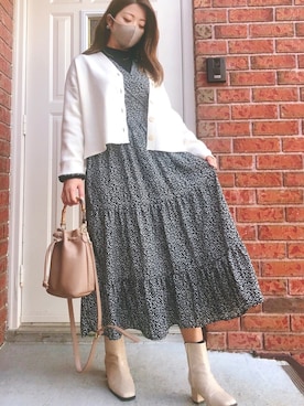 「小花柄ワンピース」｜「アイテム（ブーツ）」を使った、aina❤︎さん（レディース・159cm）の冬コーディネート