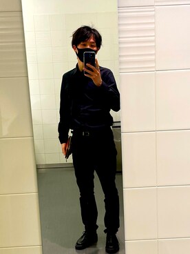 「GU（ジーユー）のアイテム（シャツ/ブラウス、ブラック系）」を使った、issei0108さん（メンズ・165cm）の春コーディネート