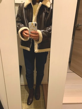 「白ニット」｜「アイテム（ムートンコート）」を使った、c_seaさん（レディース・153cm）の冬コーディネート