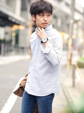 「ストライプ」｜「アイテム（ライダースジャケット）」を使った、YUTAさん（メンズ・175cm）の春コーディネート