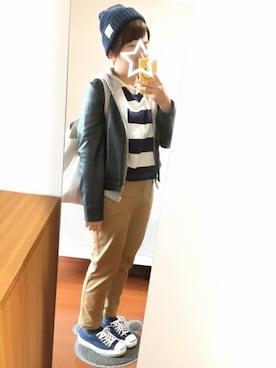 「ジャックパーセル」｜「アイテム（ライダースジャケット）」を使った、つなこさん（レディース・157cm）の冬コーディネート
