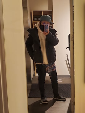 「sangacio（サンガッチョ）のアイテム（キャップ）」を使った、kokokoさん（メンズ・158cm）の冬コーディネート