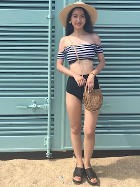 「H&M（エイチ・アンド・エム）のアイテム（ハット、ベージュ系）」を使った、a k a n eさん（レディース・167cm）の夏コーディネート