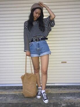 「Flugge（フラッジー）のfeel border knitsew（ニット/セーター、ブラック系）」を使った、a k a n eさん（レディース・167cm）の秋コーディネート