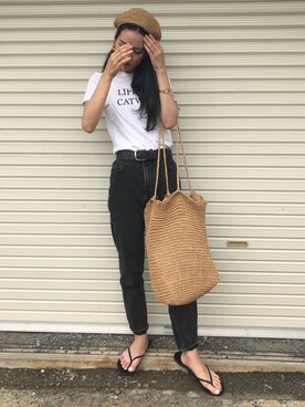 「SLY（スライ）のアイテム（ハンチング/ベレー帽、ベージュ系）」を使った、a k a n eさん（レディース・167cm）の夏コーディネート