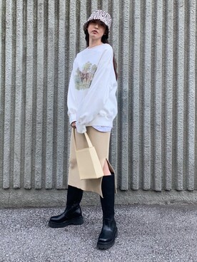 「MOUSSY（マウジー）のCOUNTRY LANDSCAPE プルオーバー（スウェット、ホワイト系）」を使った、a k a n eさん（レディース・167cm）の冬コーディネート