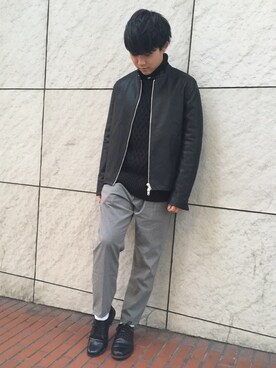 「SPINNS（スピンズ）のアイテム（ライダースジャケット）」を使った、がくさん（メンズ・171cm）の冬コーディネート