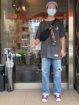 「LONELY/論理（ロンリー）のアイテム（帽子）」を使った、Rockyさん（メンズ・177cm）の夏コーディネート