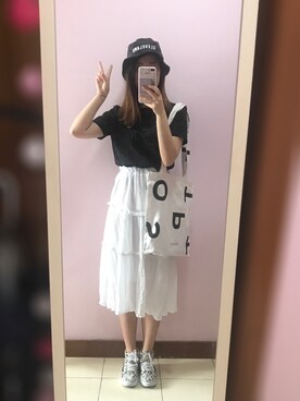 「NBA（エヌビーエー）のアイテム（帽子）」を使った、咕噜一さん（レディース・165cm）の夏コーディネート