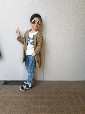 「BIG FIELD（ビッグフィールド）のアイテム（その他アウター）」を使った、kanta&mamaさん（キッズ・110cm）の春コーディネート