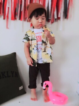 「スウエットパンツ」｜「アイテム（ニットキャップ/ビーニー）」を使った、P×Kさん（キッズ・80cm）の夏コーディネート