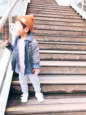 「くすみピンク」｜「アイテム（ニットキャップ/ビーニー）」を使った、P×Kさん（キッズ・90cm）の冬コーディネート