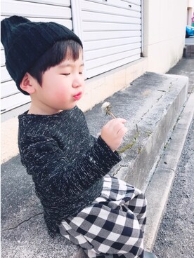 「おさんぽスタイル」｜「アイテム（ニットキャップ/ビーニー）」を使った、P×Kさん（キッズ・90cm）の春コーディネート